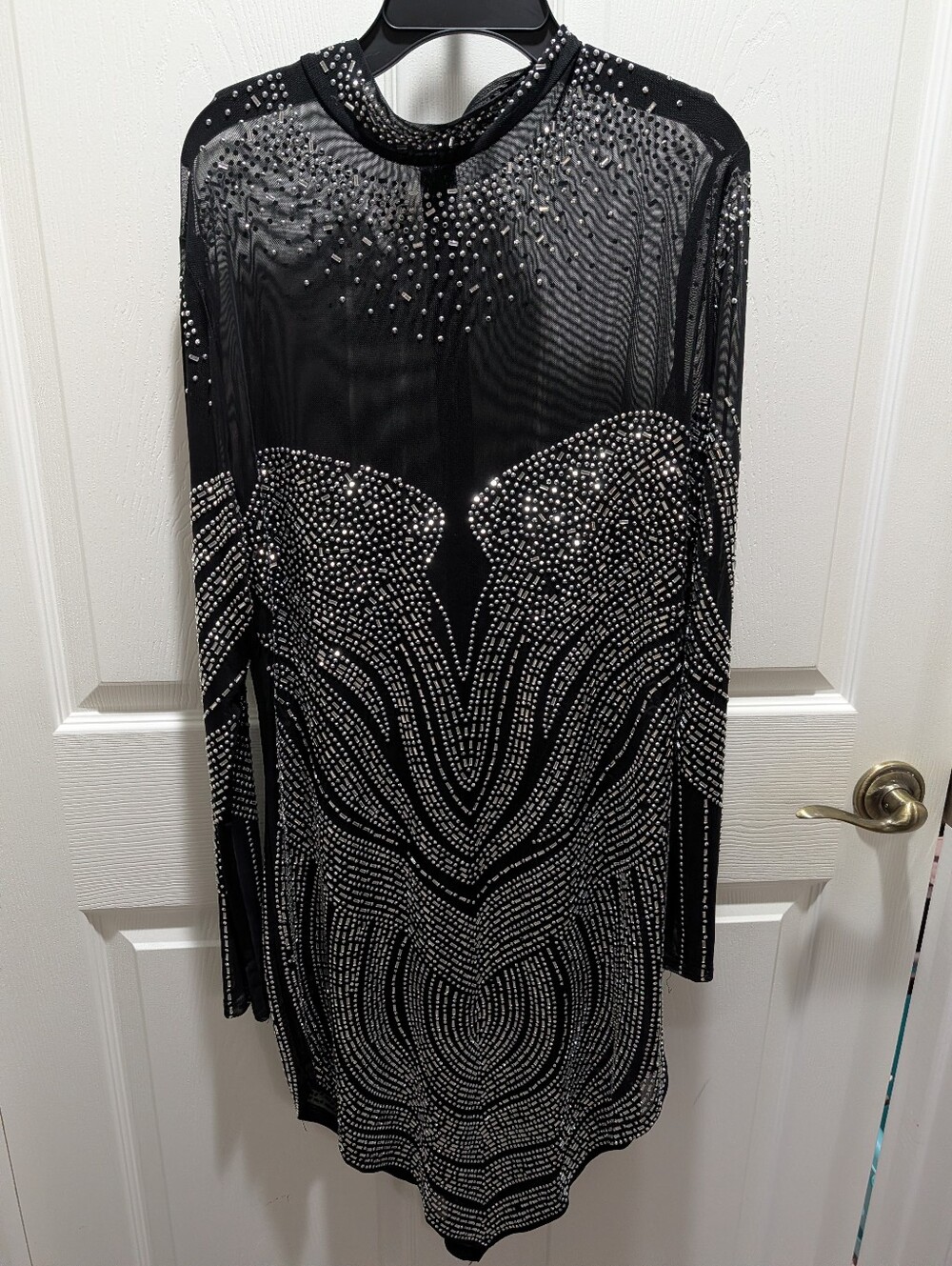 Black Embellished Long-Sleeve Evening Dress